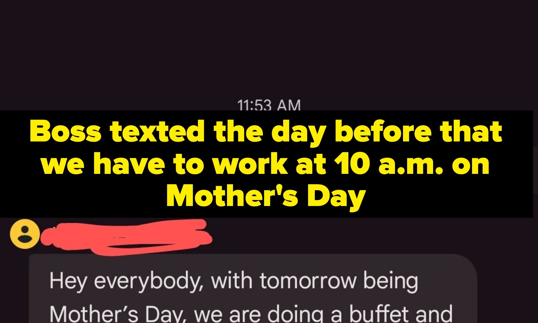Group chat message about a work shift change to 10 AM–3 PM for a Mother's Day buffet instead of 4 PM–7:30 PM