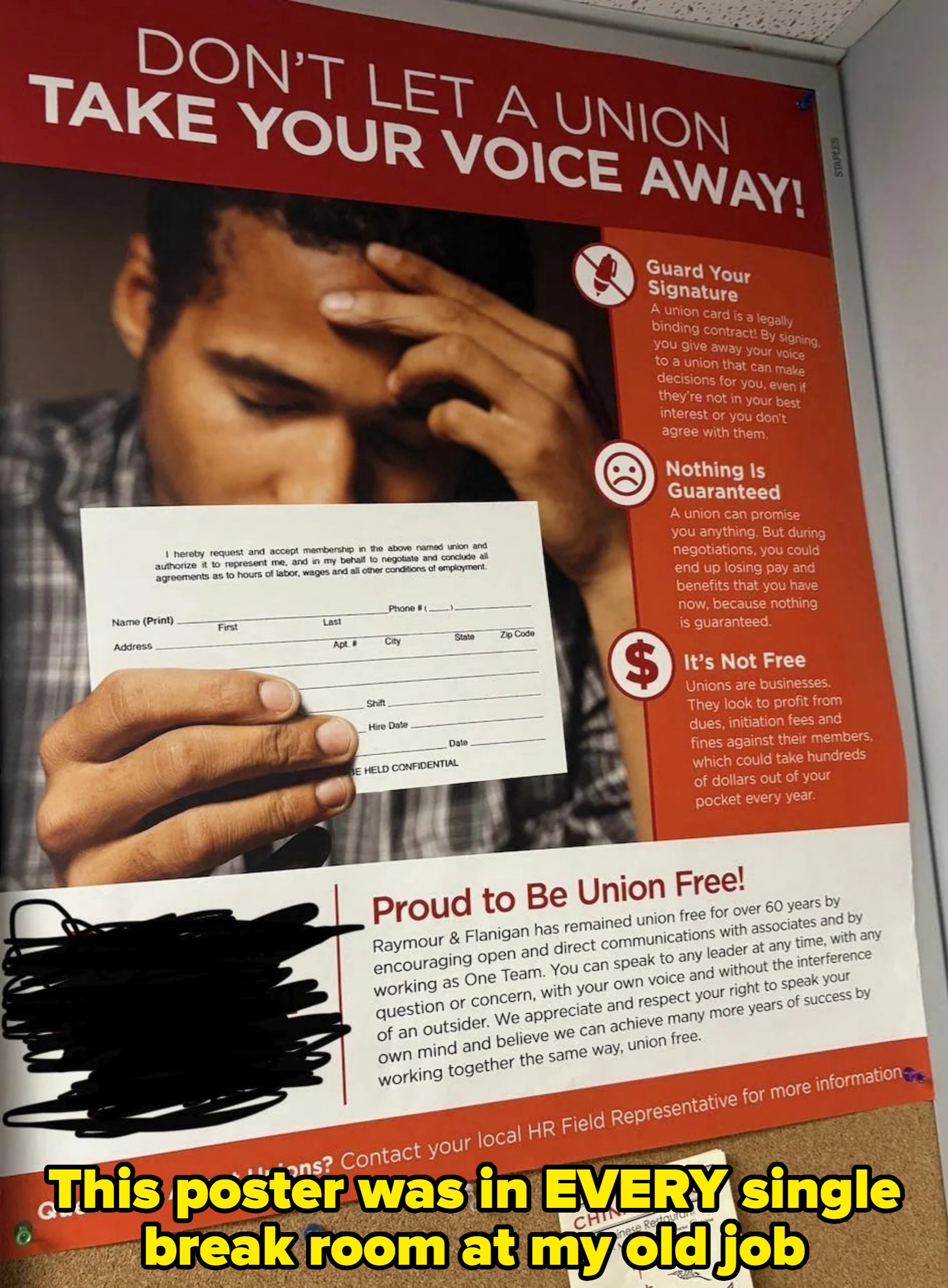 Poster warning against unions, highlighting loss of voice and costs. Features a concerned person holding a paper, promoting non-union workplace advantages