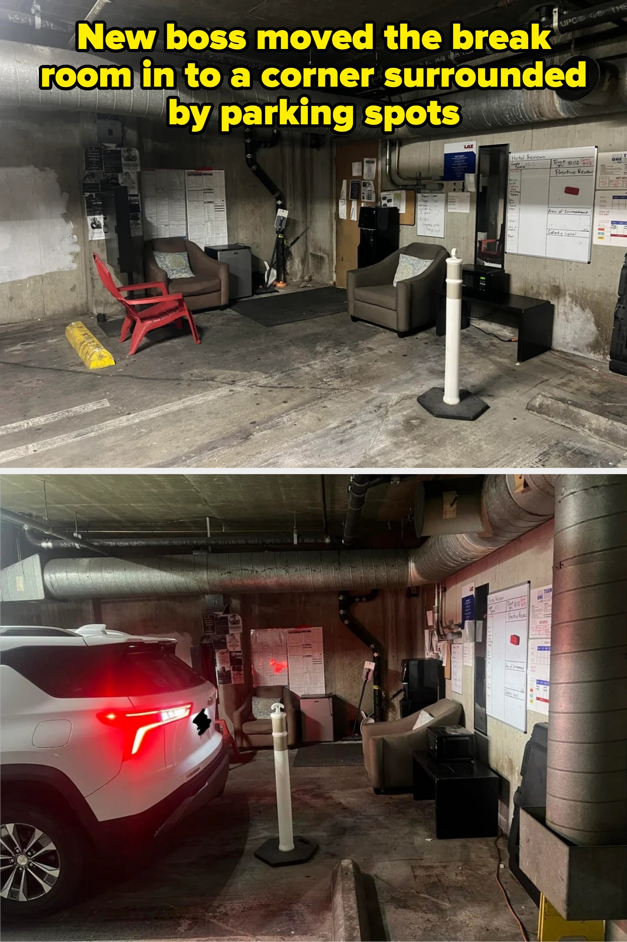 Car parked in an underground garage with visible chairs and bulletin boards on the walls