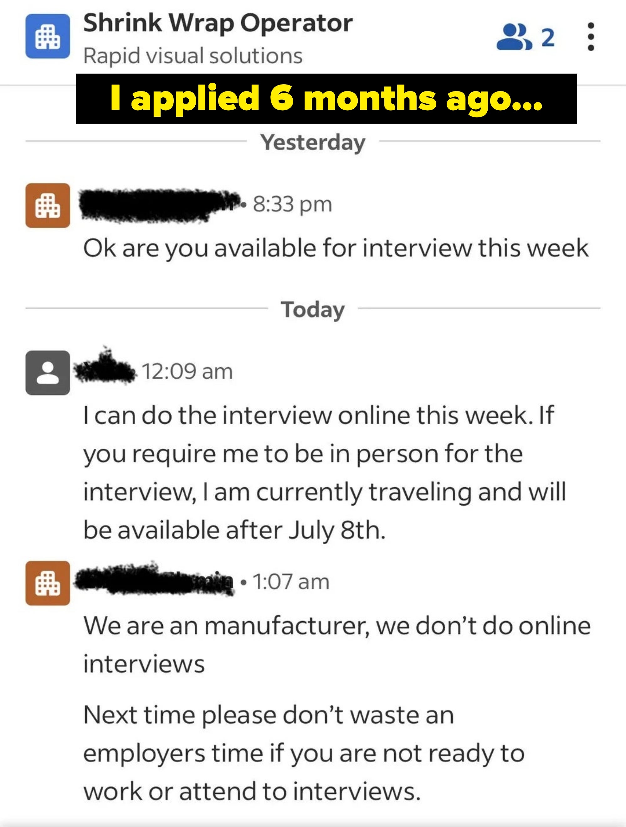 Text exchange about interview scheduling; candidate can do an online interview this week, but the company requires in-person interviews only