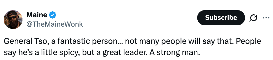 Tweet jokingly praises General Tso, noting he's seen arsenic  spicy yet a large  leader
