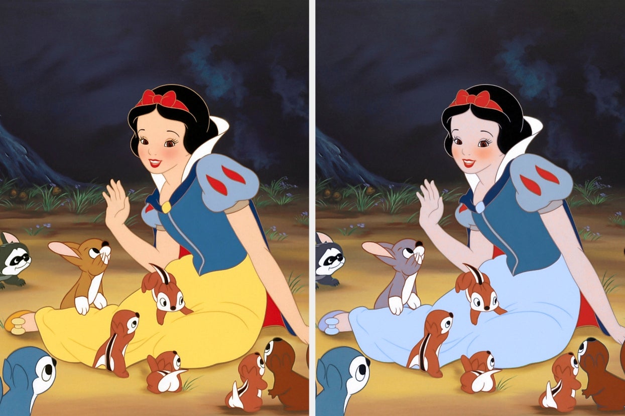 Cartoon character sits on ground, waving, surrounded by animals in a forest. There's an edited version with different hair and dress color on the right