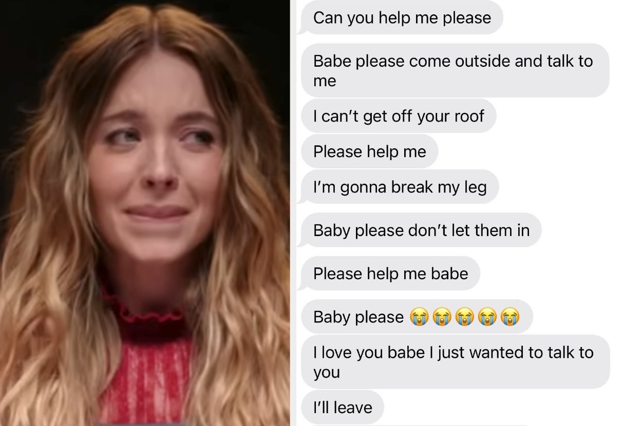 A concerned woman looks on, with text messages overlayed, pleading for communication and expressing distress