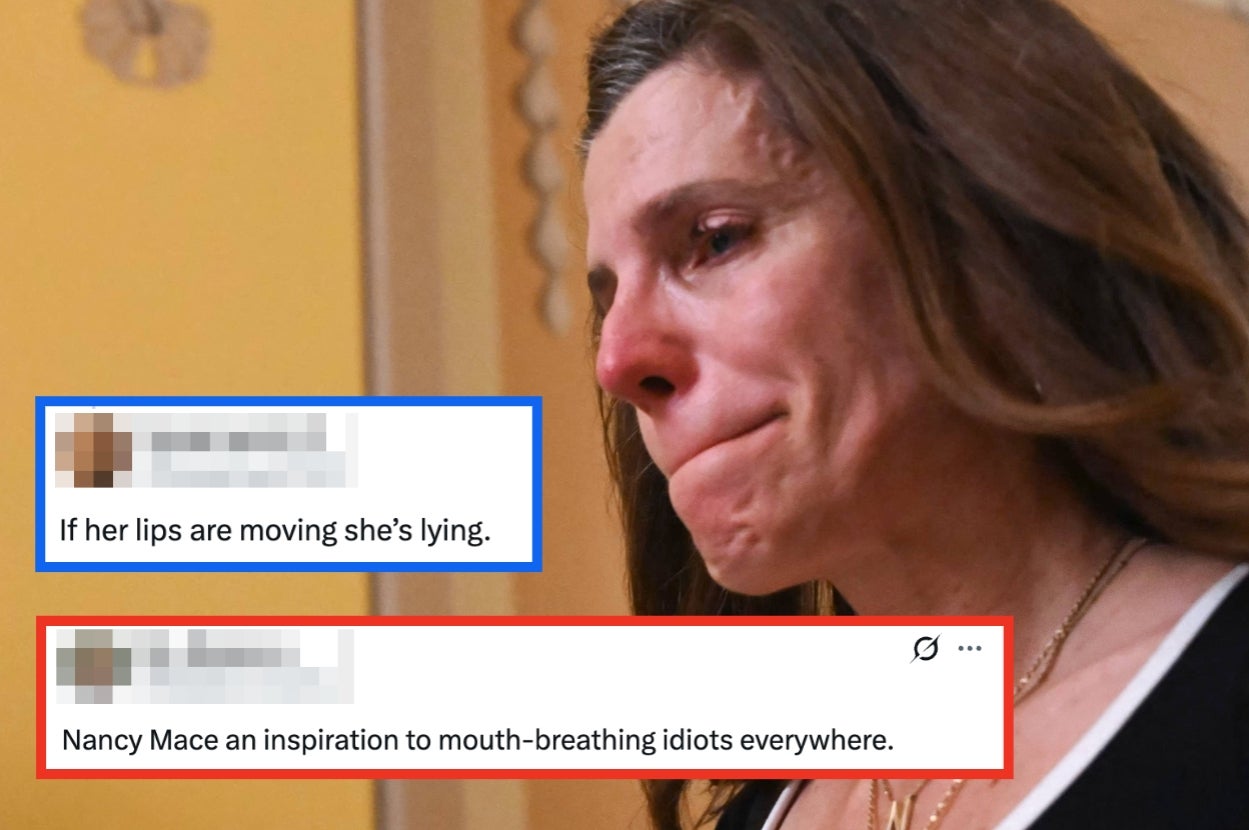 Nancy Mace crying next to tweets that say "If her lips are moving she's lying" and "Nancy Mace an inspiration to mouth-breathing idiots everywhere"