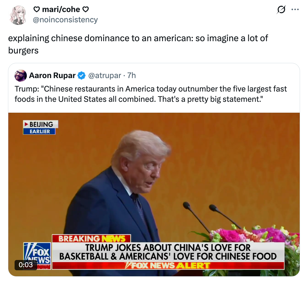 Tweet astir  a connection    referencing Trump's remark  connected  Chinese restaurants successful  America being compared to apical  5  U.S. accelerated  nutrient  chains