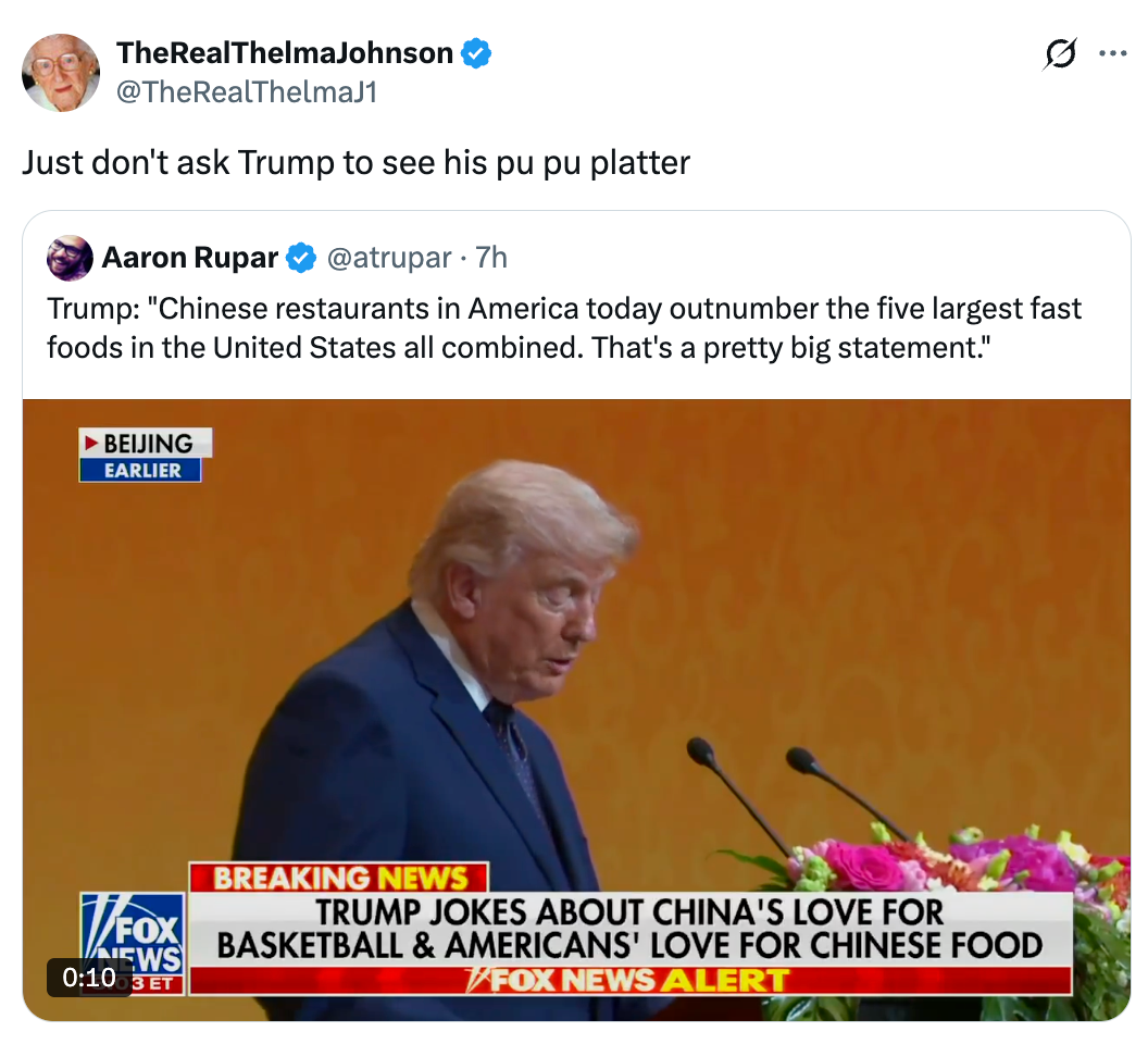 Image of a tweet with a screenshot of a quality    broadcast. Trump jokes astir  Chinese and American nutrient  preferences
