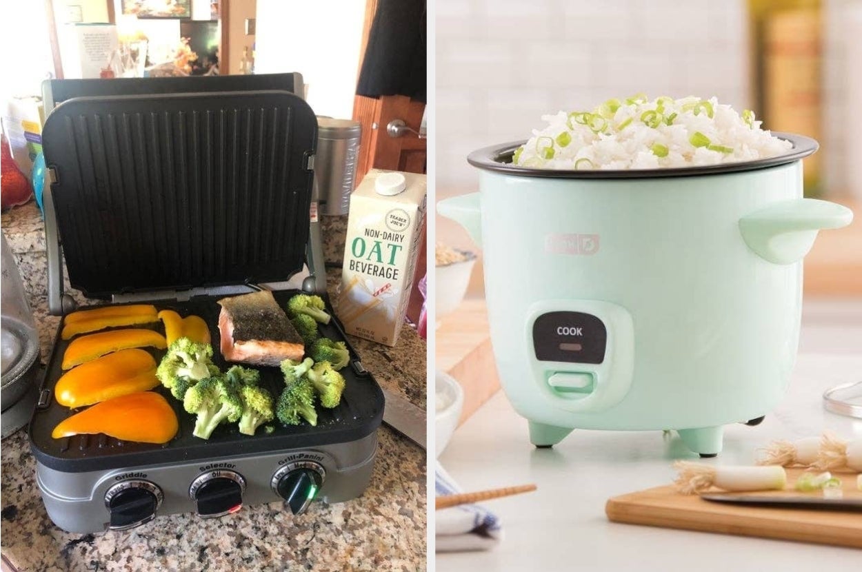 Two kitchen appliances: a grill with vegetables and salmon, and a rice cooker with cooked rice topped with spring onions. Oat milk is nearby