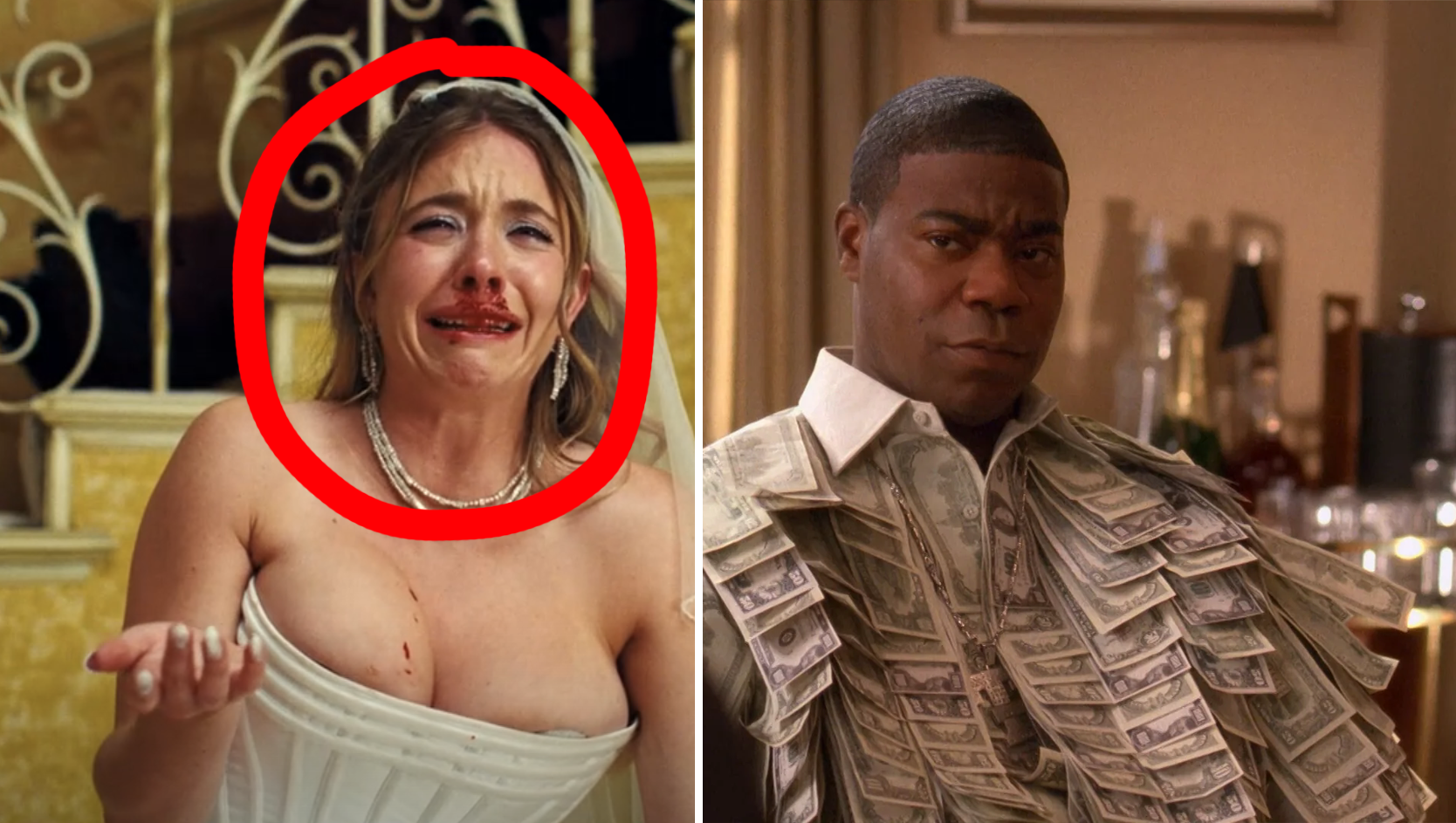 Two people with expressive poses; one appears emotional, the other looks calm, wearing a money-covered jacket
