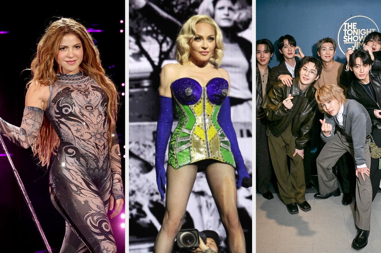 Three images of performers on stage: Left, person in a patterned bodysuit; middle, person in a corset dress; right, a group of people posing together
