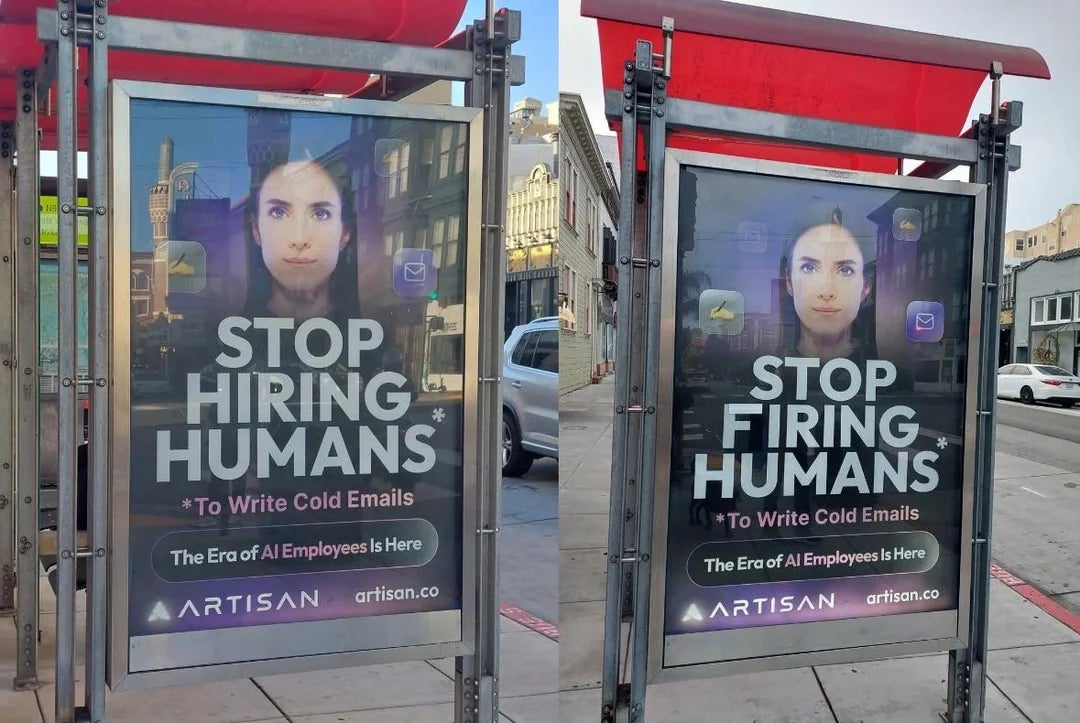Bus stop ad: "Stop hiring humans to write cold emails. The era of AI employees is here."