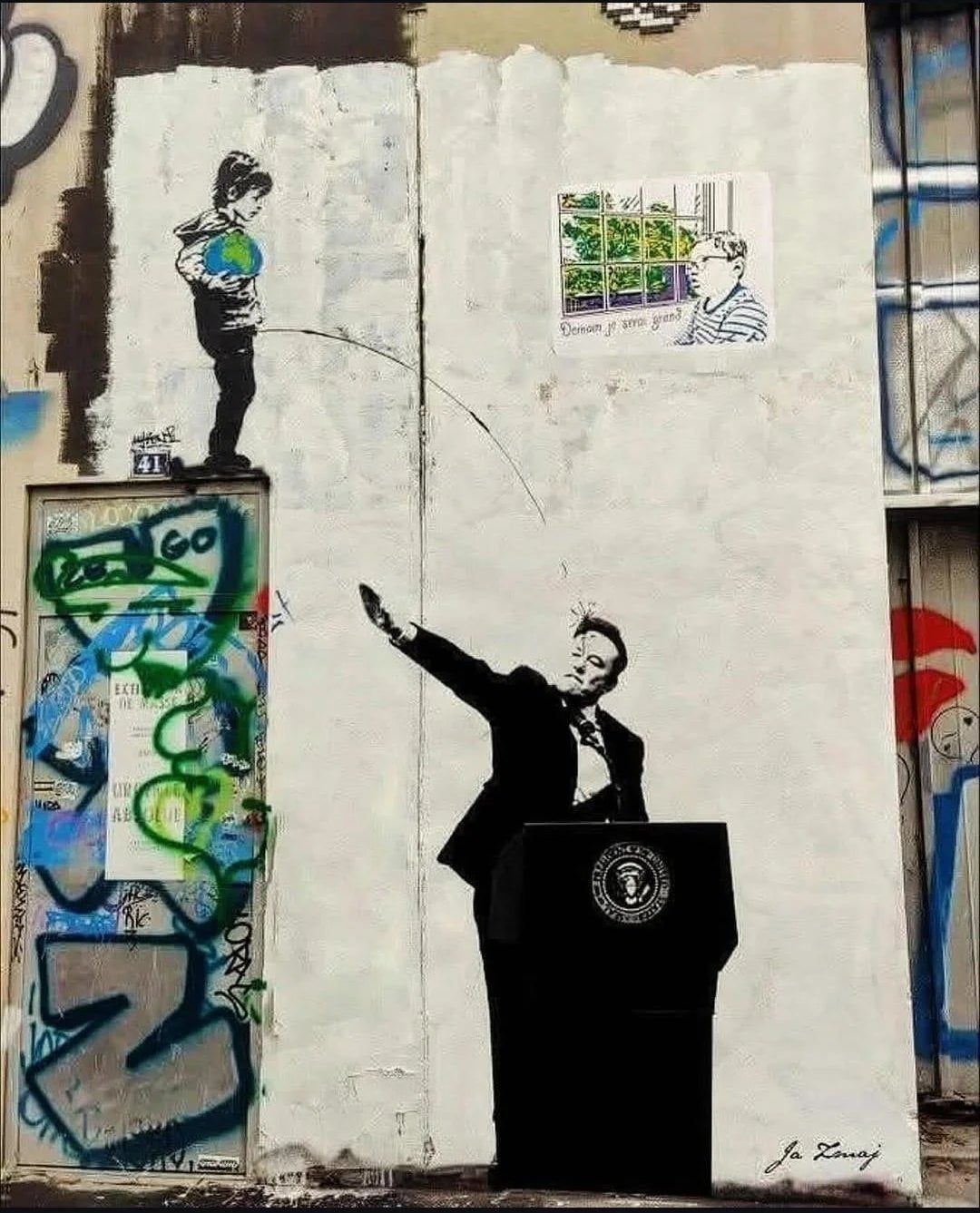 Street art depicting a child holding Earth, appearing to urinate on a man at a podium. A window shows a boy with the text "Dream of your yard."