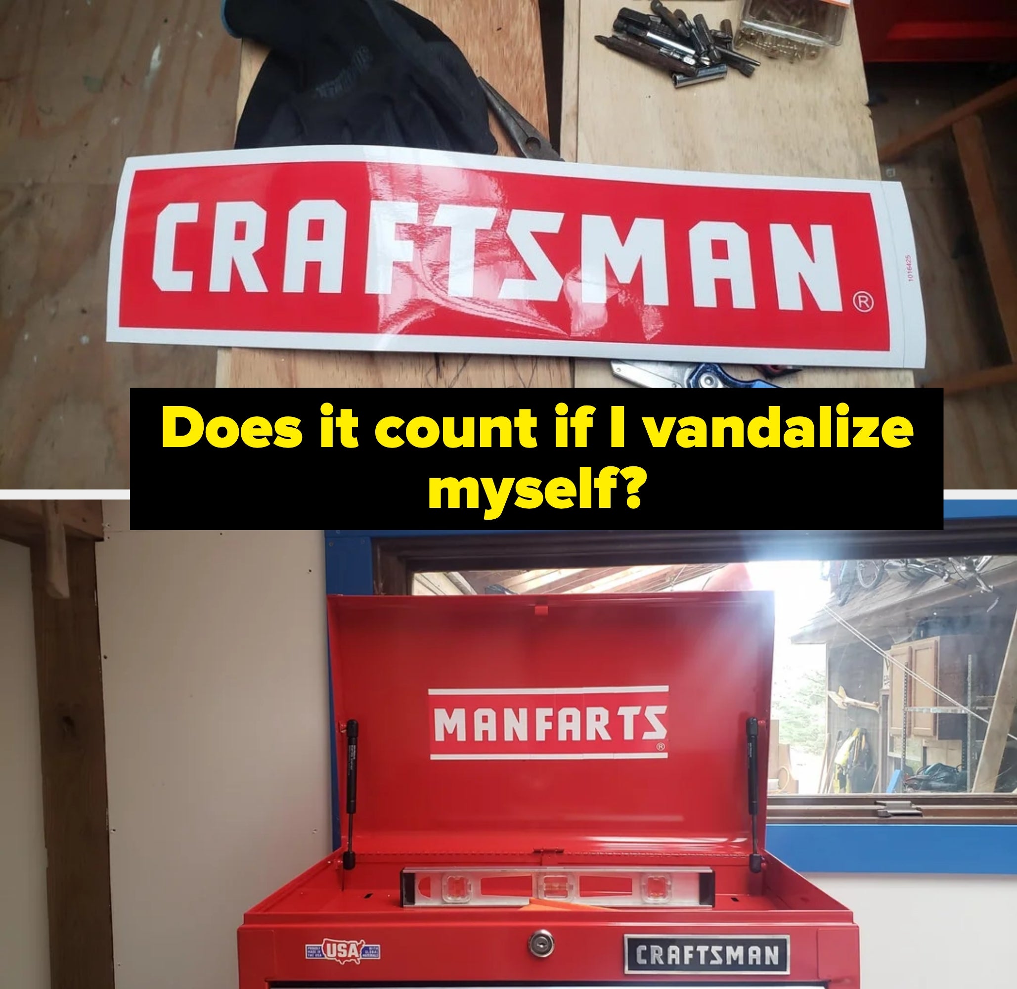 Red and white Craftsman sticker on a wooden surface with scattered tools nearby
