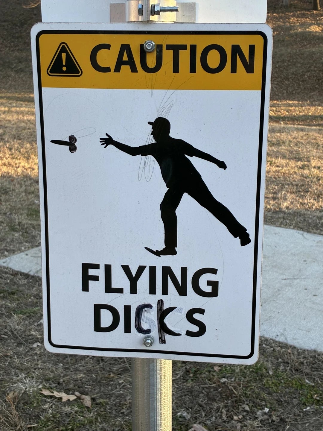 Caution sign showing a silhouette of a person and a flying disc, humorously altered to read "Flying Dicks."