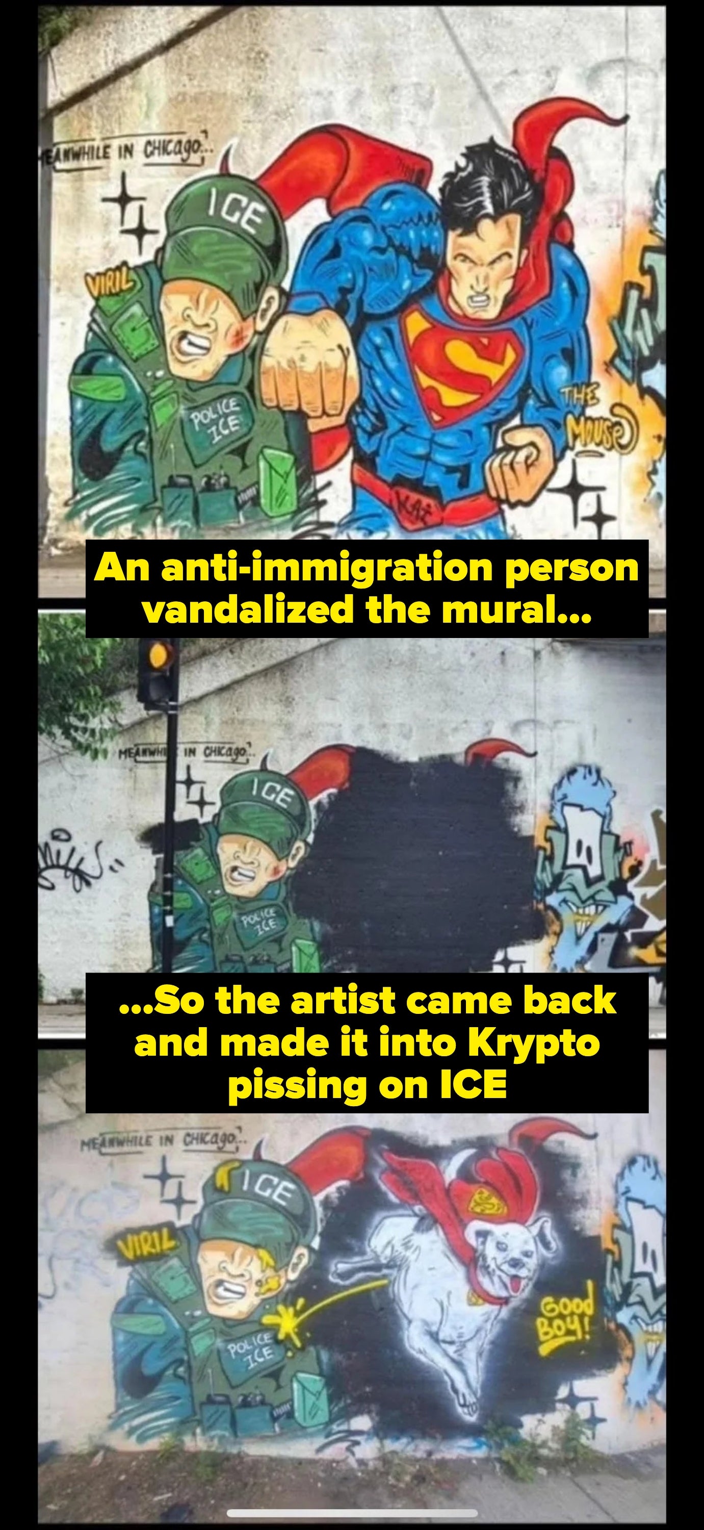 Three comic-style graffiti murals: top with superhero punching ICE officer, middle painted over, bottom with dog attacking officer