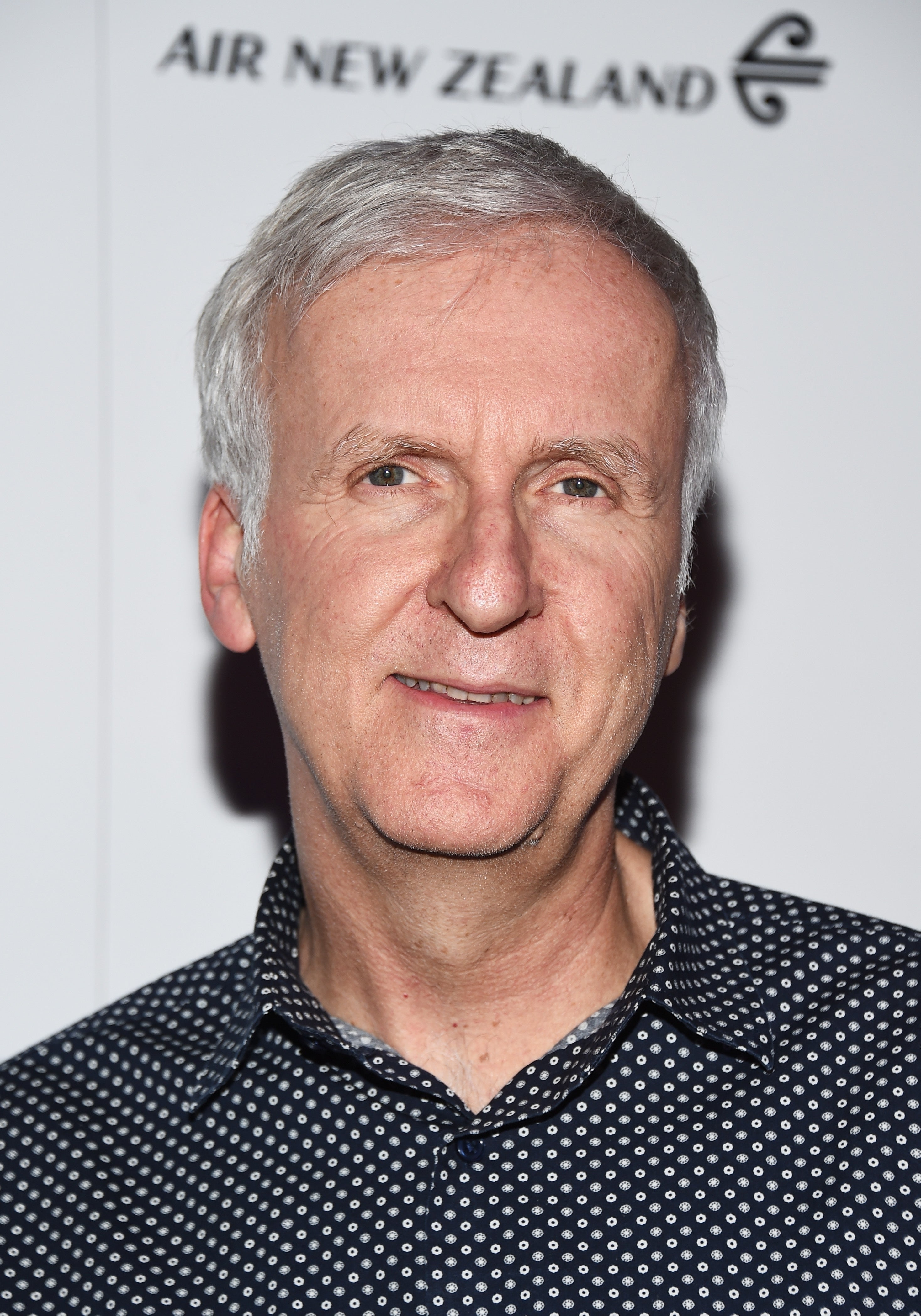 James Cameron at an event with an Air New Zealand backdrop, wearing a patterned button-up shirt