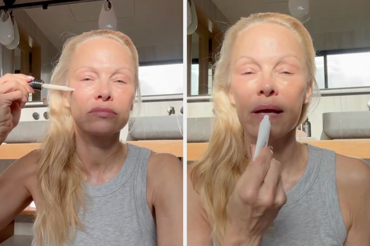Person applying skincare and lip balm in a casual setting, wearing a sleeveless top with long hair down