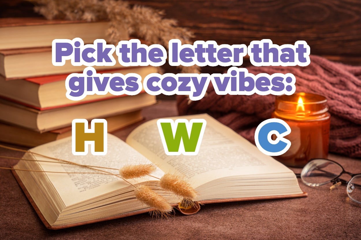 Open book and candle with text asking which letter, H, W, or C, gives cozy vibes