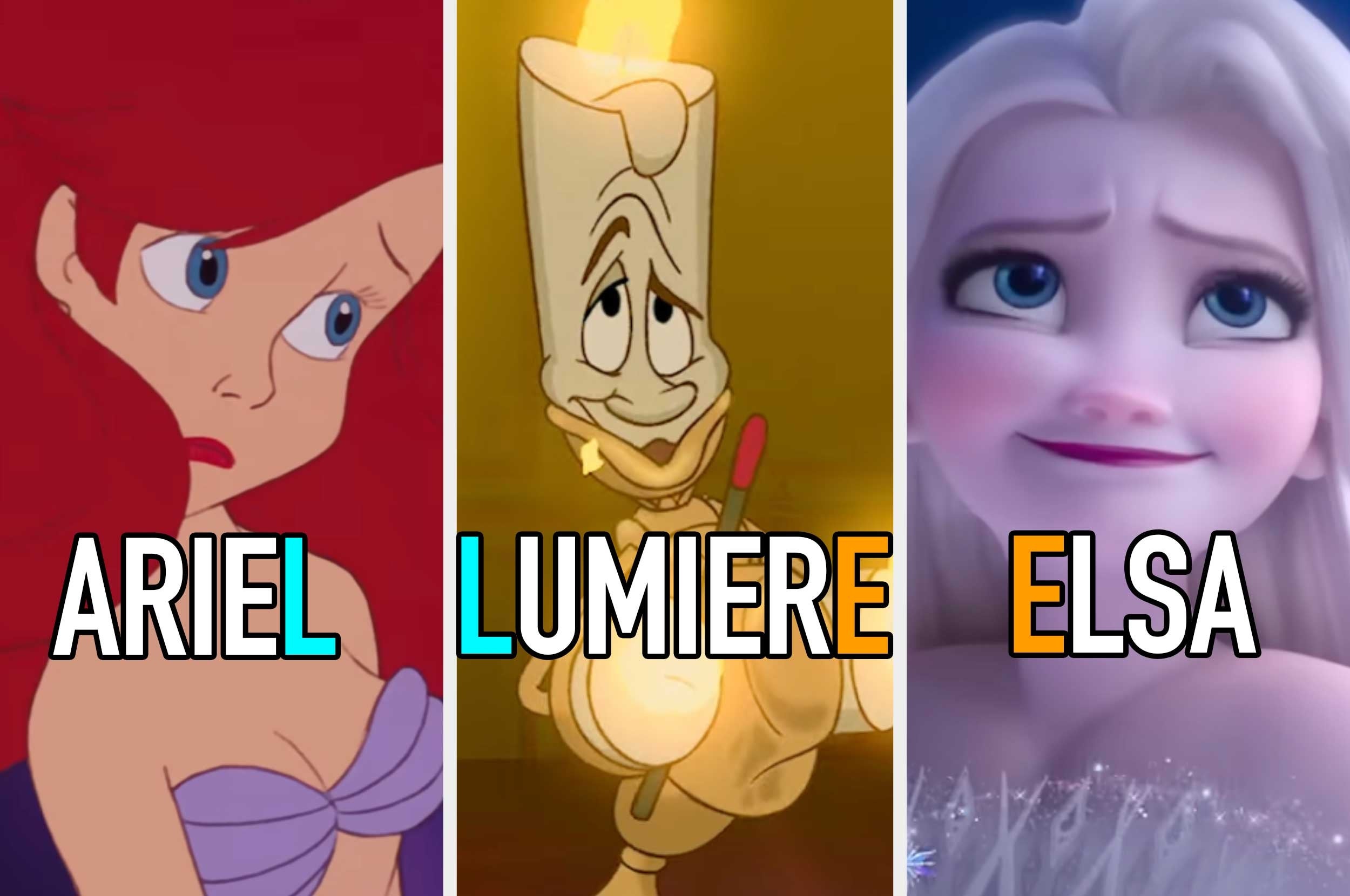 Ariel, Lumiere, and Elsa from Disney movies are shown side by side with their names in bold text below each character