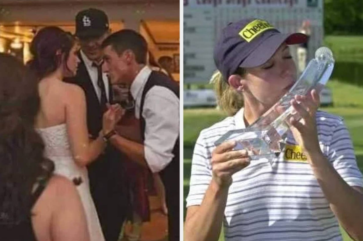 Left: Wedding groom whispering to bride. Right: Golfer kissing a crystal trophy shaped like a shoe, with a Cheez-It hat and shirt