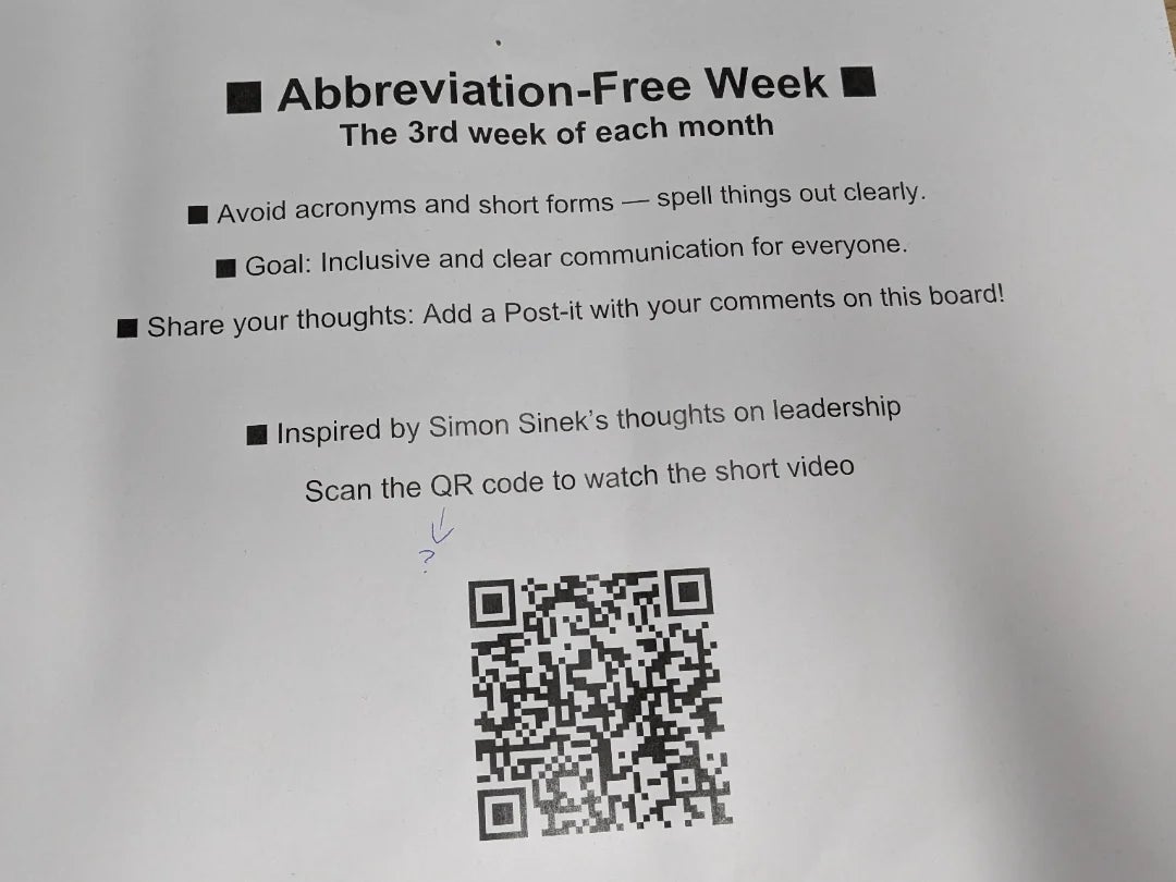 Flyer for Abbreviation-Free Week: Avoid acronyms, aim for clear communication, and share thoughts. Scan QR code for a related video