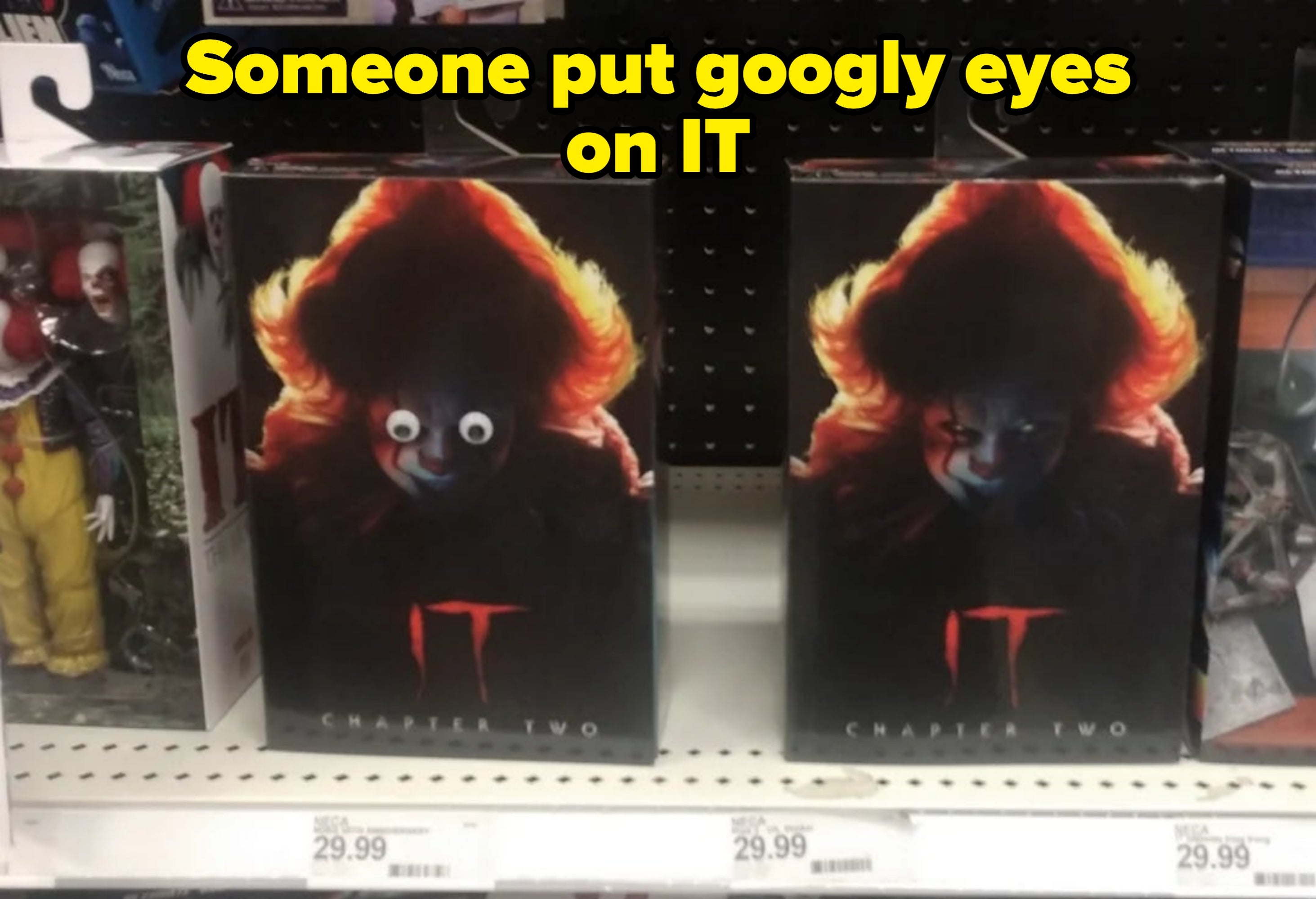 Two "It: Chapter Two" DVDs on a store shelf. One case has googly eyes added to the clown's face