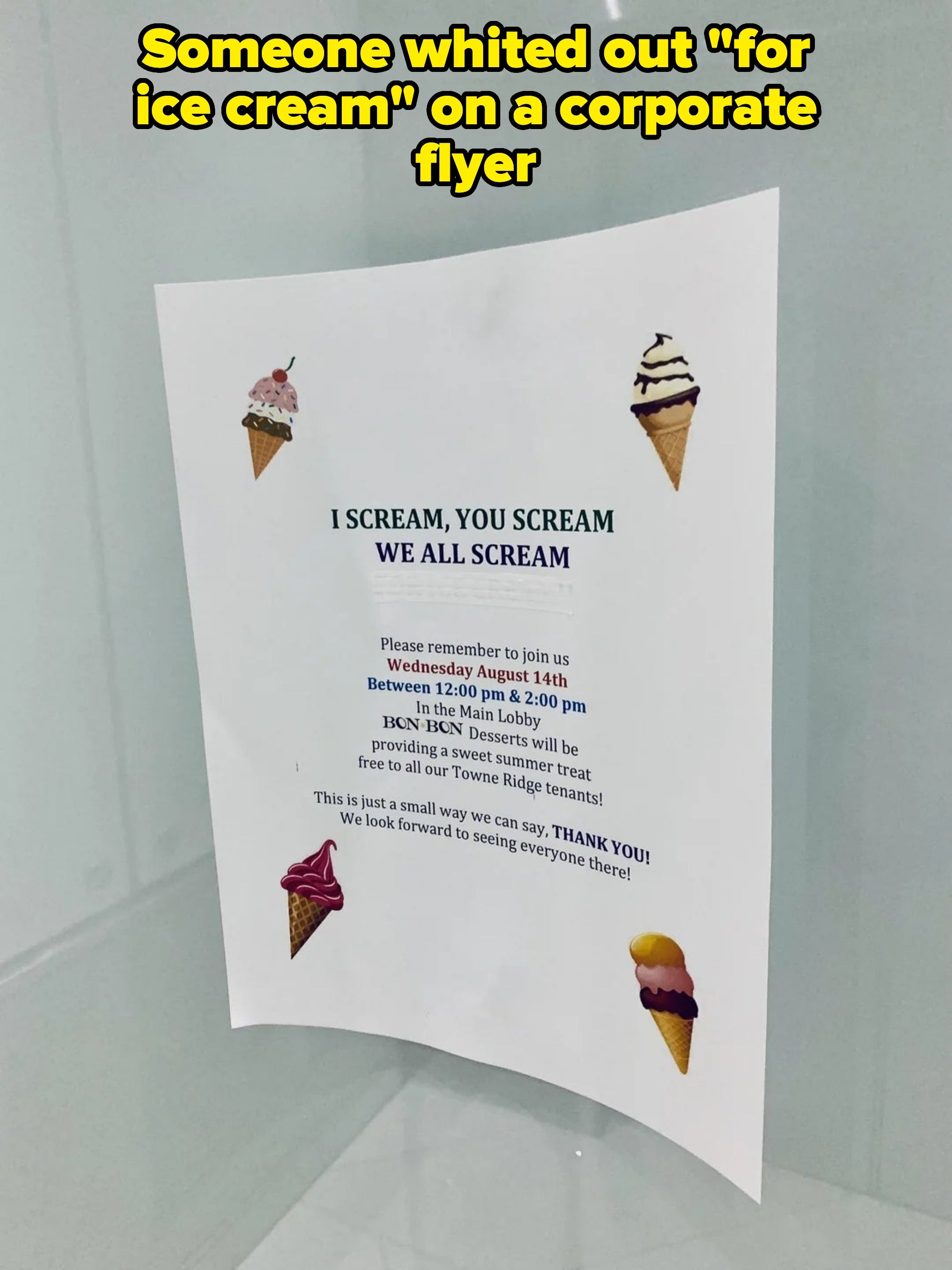 Flyer for an ice cream event on August 14th from 12 PM to 2 PM at DXX's Main Lobby, offering free ice cream to Tower Ridge tenants