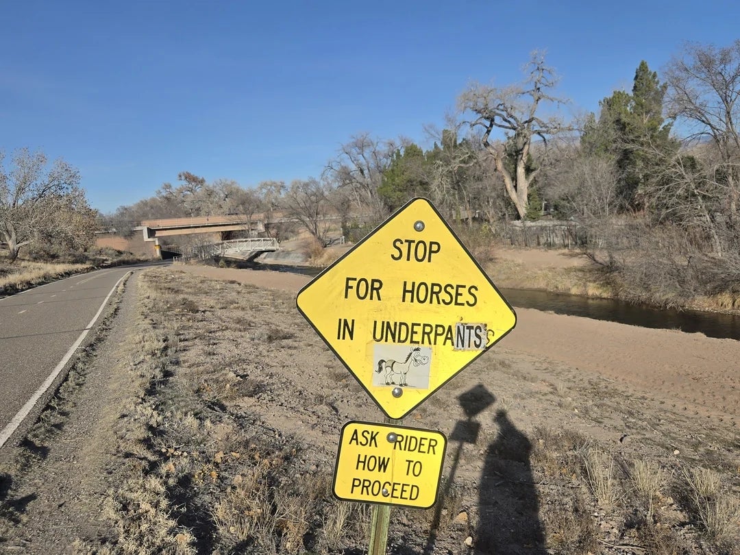 Road sign reads "Stop for horses in underpants. Ask rider how to proceed." Image shows a rural road with trees and a bridge