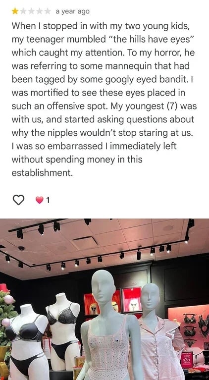A review describes a parent feeling embarrassed when their child comments on a mannequin's eyes in a store, leading them to leave without purchasing