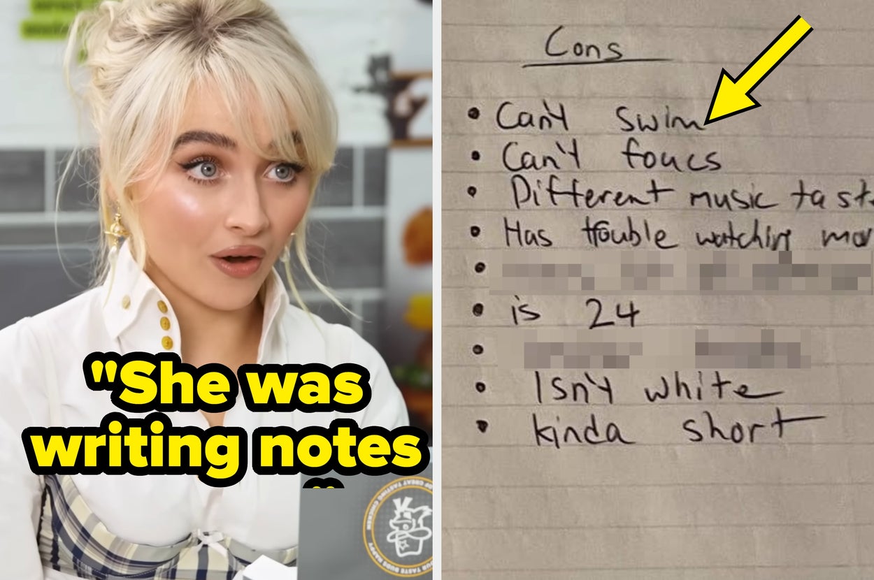 A person looking surprised with a list of relationship cons, including swim and focus issues, music taste differences, and physical traits