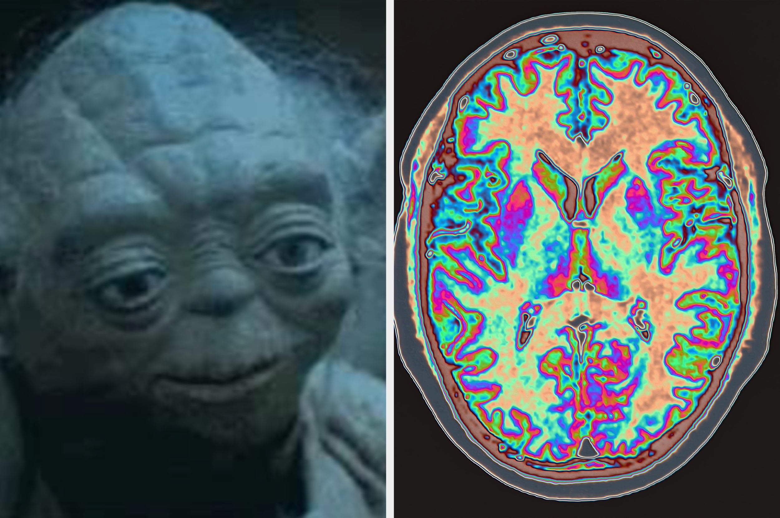 On the left, an alien character with large ears; on the right, a colorful brain scan image with intricate patterns