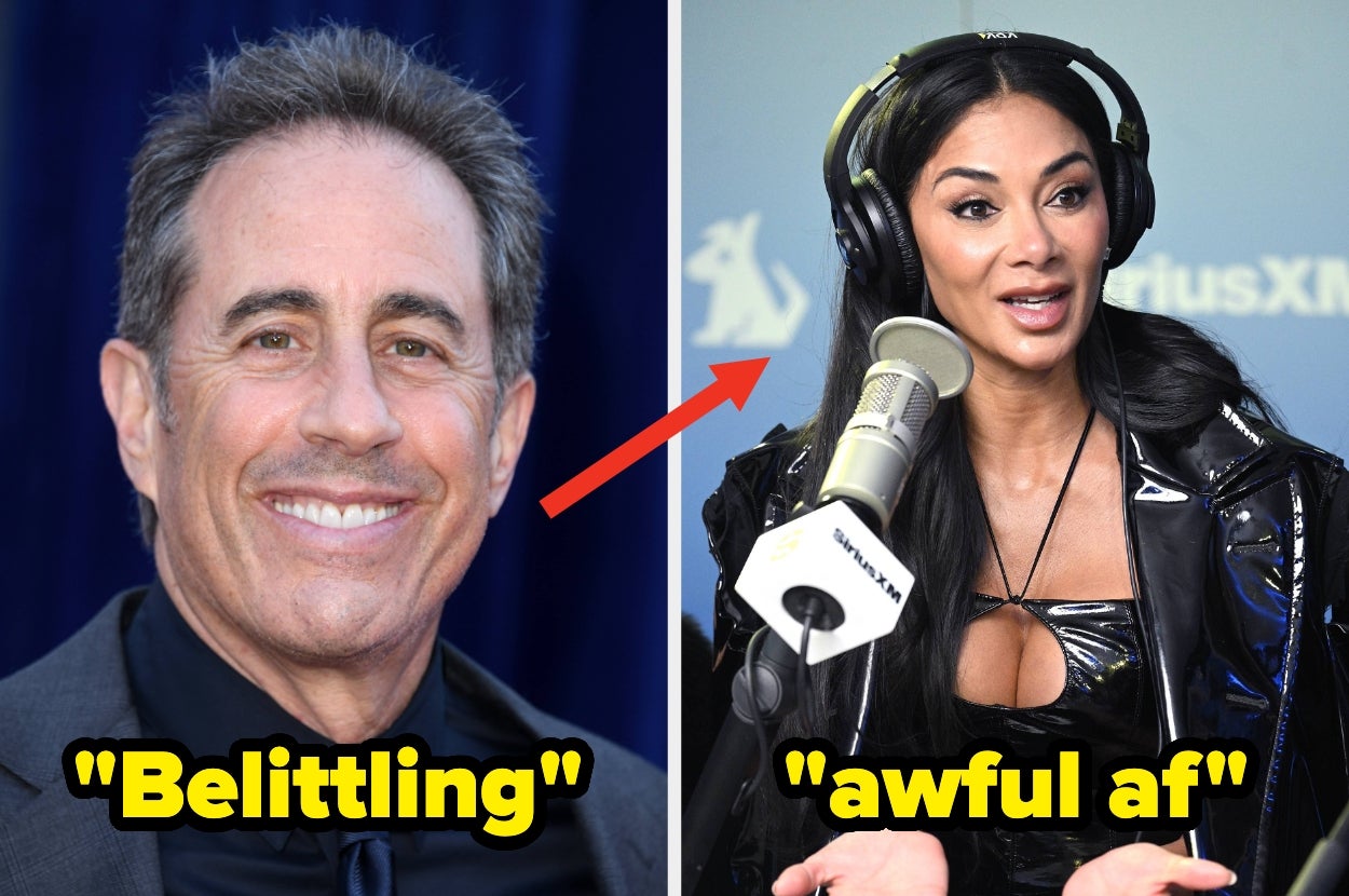 Jerry Seinfeld smiling vs Nicole Scherzinger in a shiny outfit in a radio interview