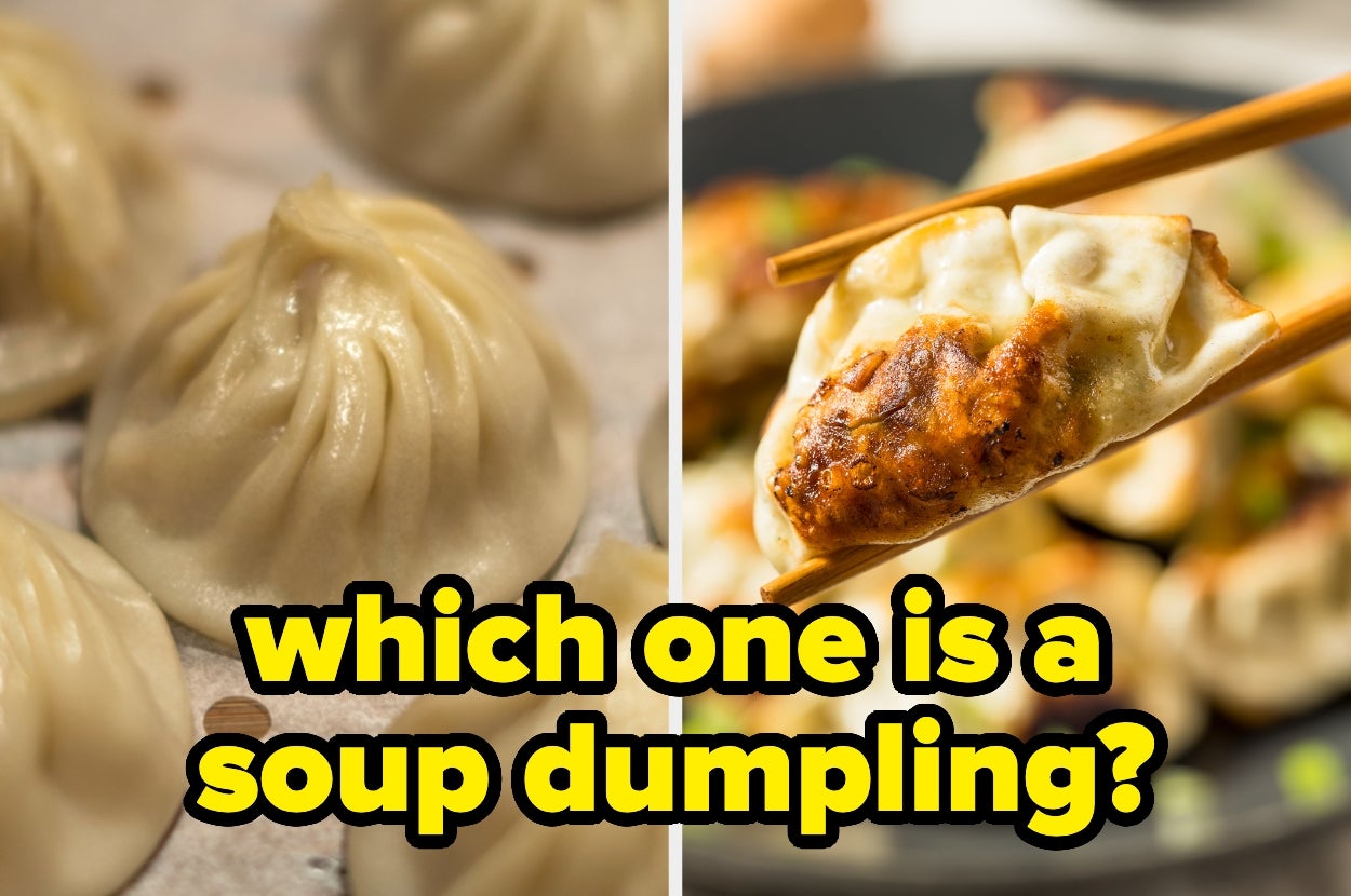 Two images of dumplings side by side with text asking, "which one is a soup dumpling?"