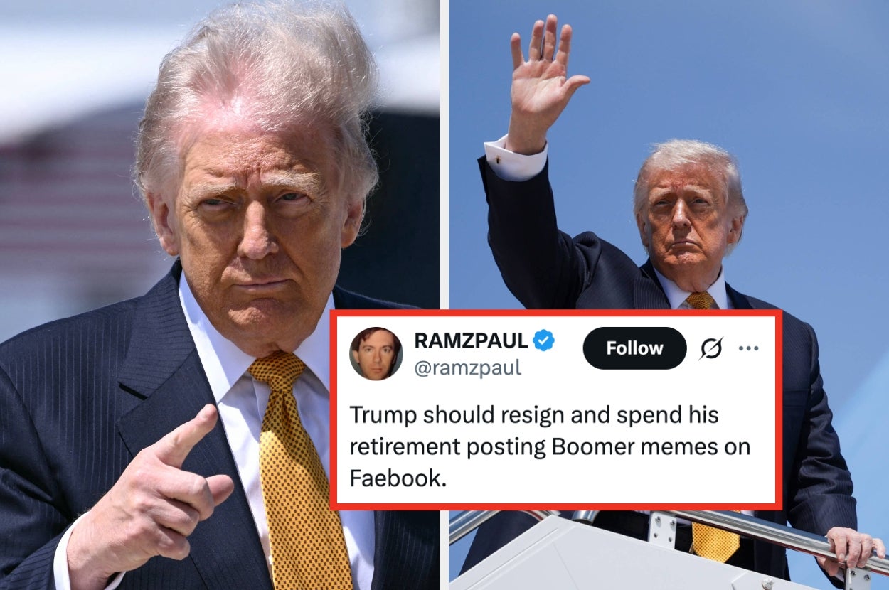 Man in suit gestures and waves while boarding a plane. Overlay text: "@ramzpaul: Trump should resign and spend his retirement posting Boomer memes on Facebook."