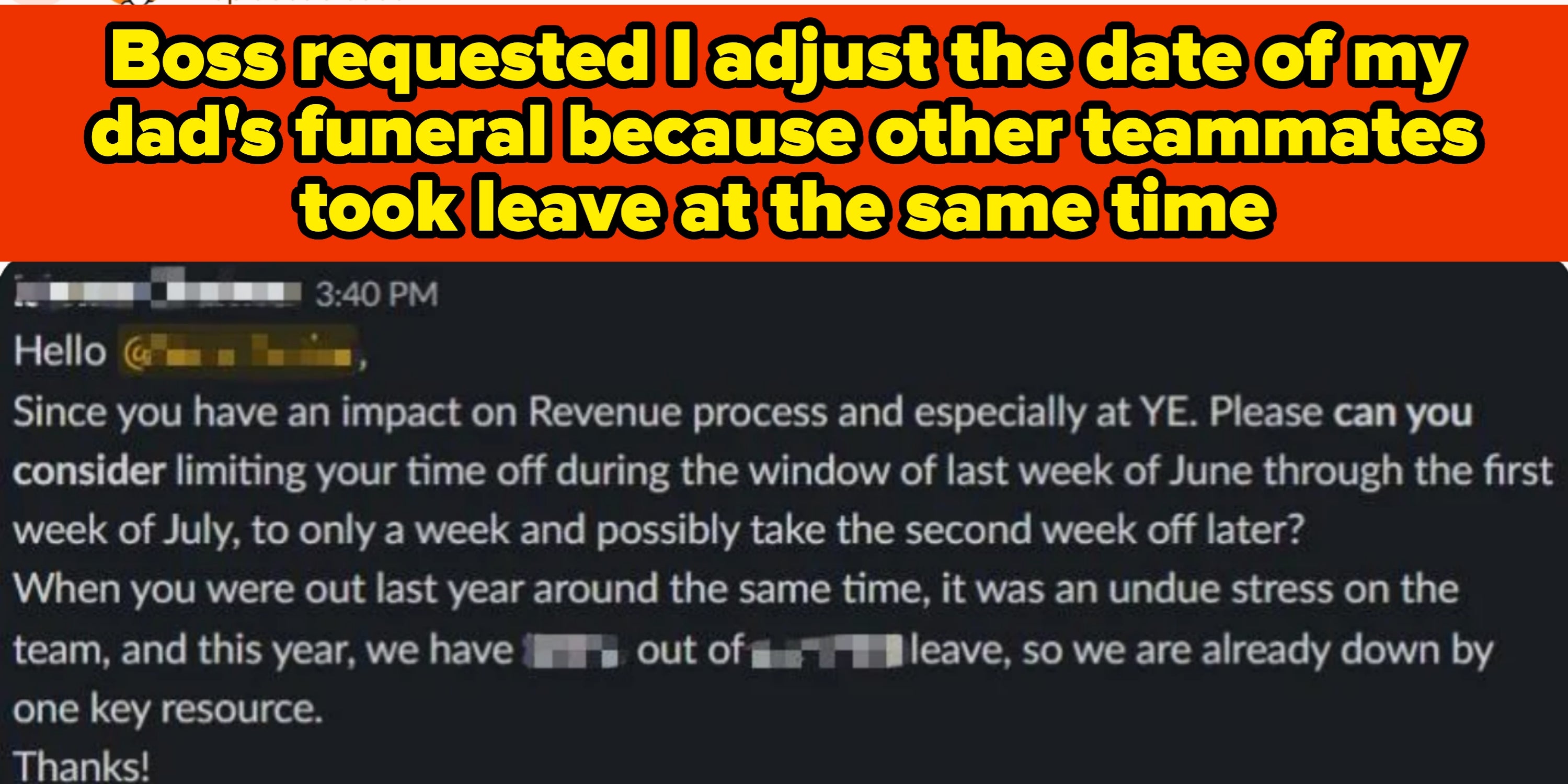Message about a boss asking to adjust funeral date due to team members' leave conflicts and email request to limit personal time off in late June