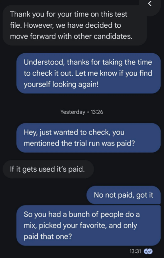 Screenshot of a text conversation discussing a test file. It covers topics about paid trial runs and selection process