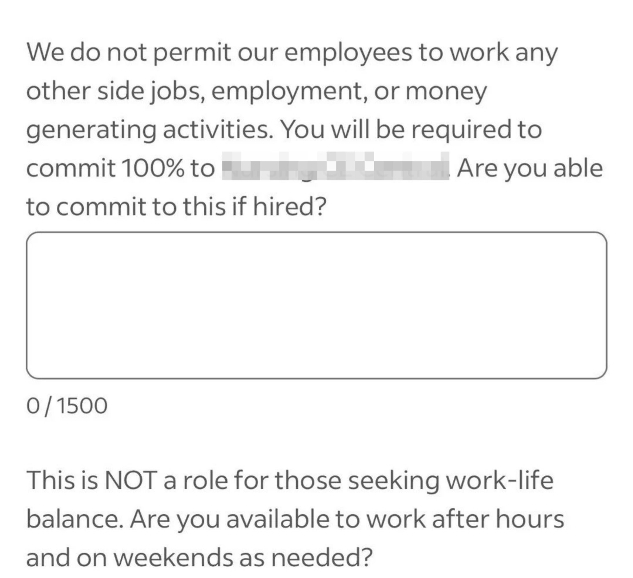 Job posting asking applicants if they can commit to working exclusively for Nursing CE Central, with no work-life balance