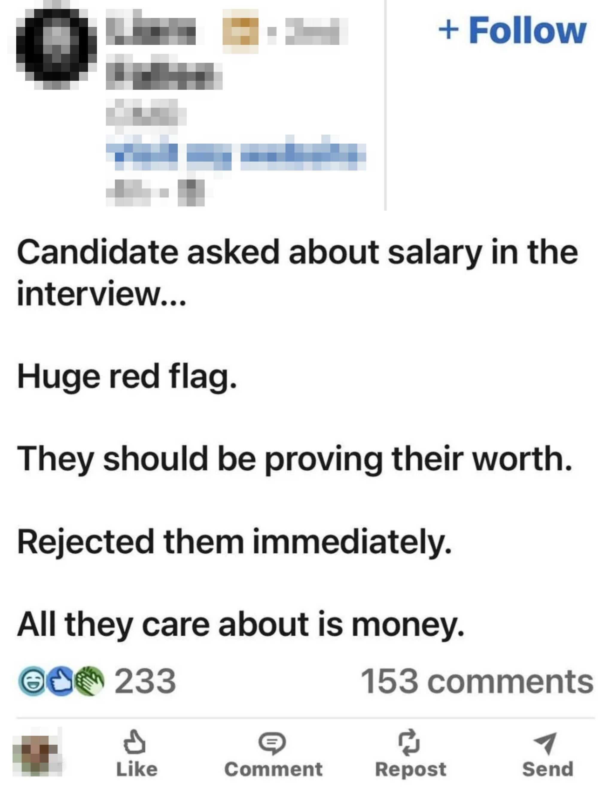 LinkedIn post by Liam Fallen, CMO, criticizing a job candidate for asking about salary during an interview, calling it a red flag
