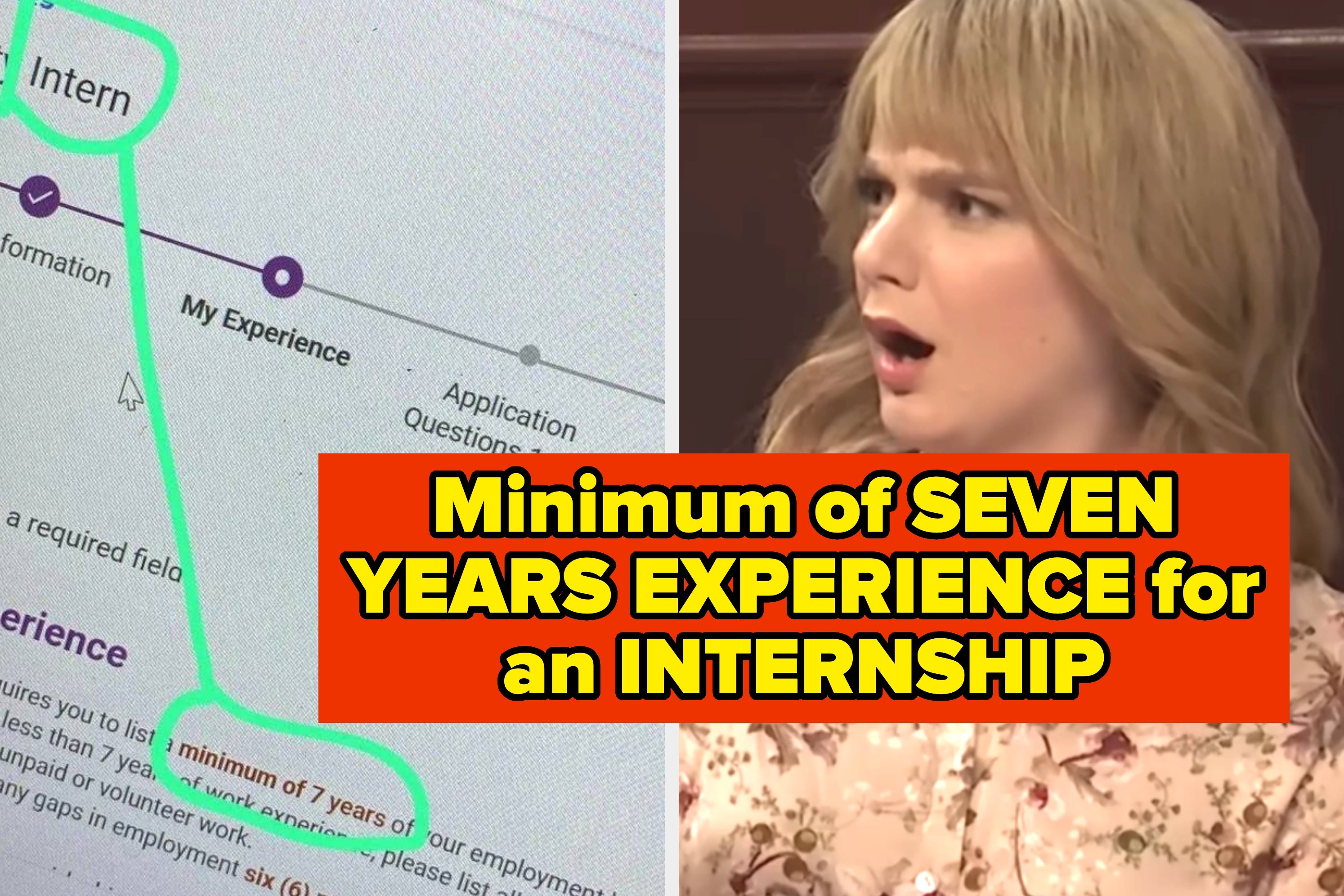 Image showing a job listing requiring seven years of experience for an intern role, with a shocked woman on the side