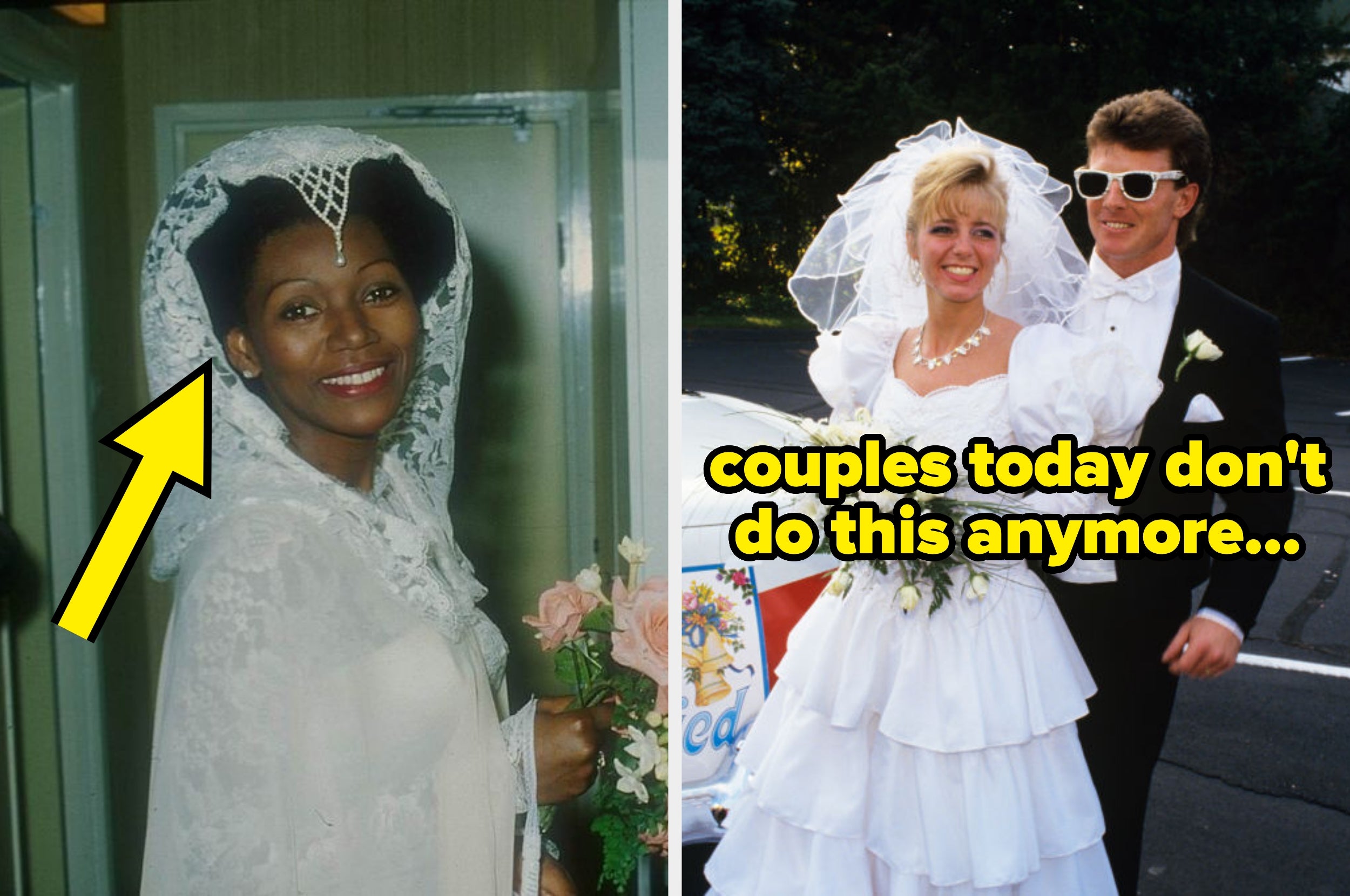 Two vintage wedding photos: Left, bride in lace headdress. Right, couple in puff-sleeve gown and sunglasses; verlay text: "Couples today don't do this anymore"