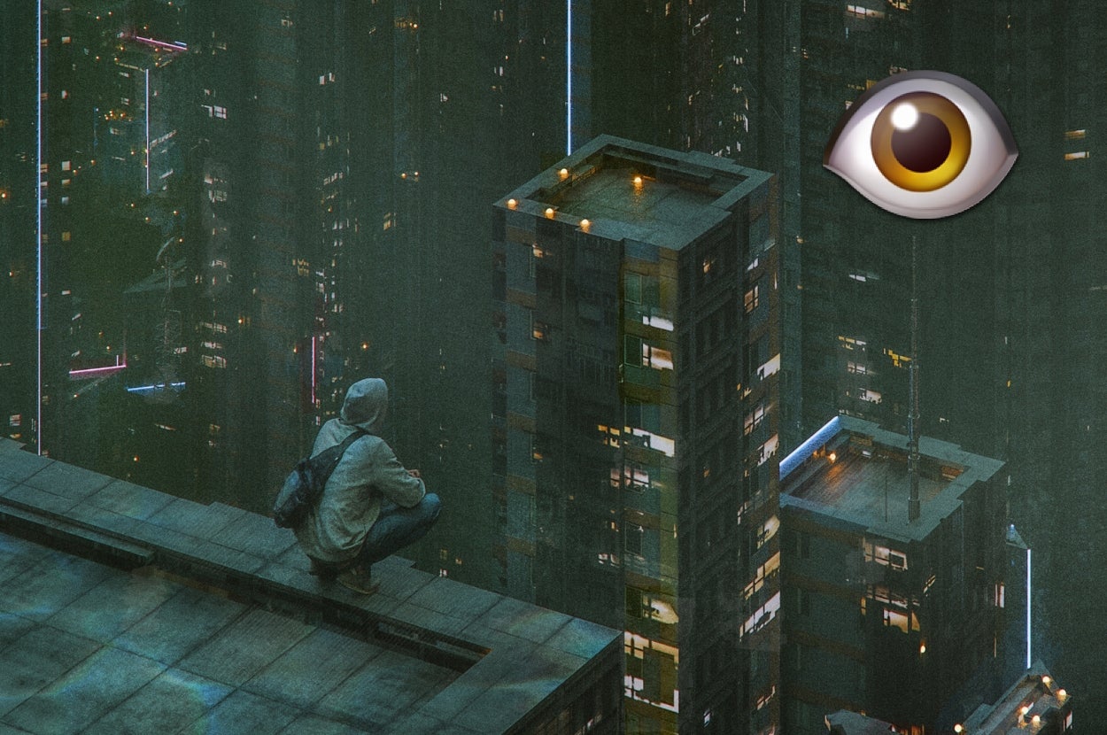 A person with a backpack kneels on the edge of a rooftop, overlooking a futuristic cityscape. A large eye emoji floats in the sky