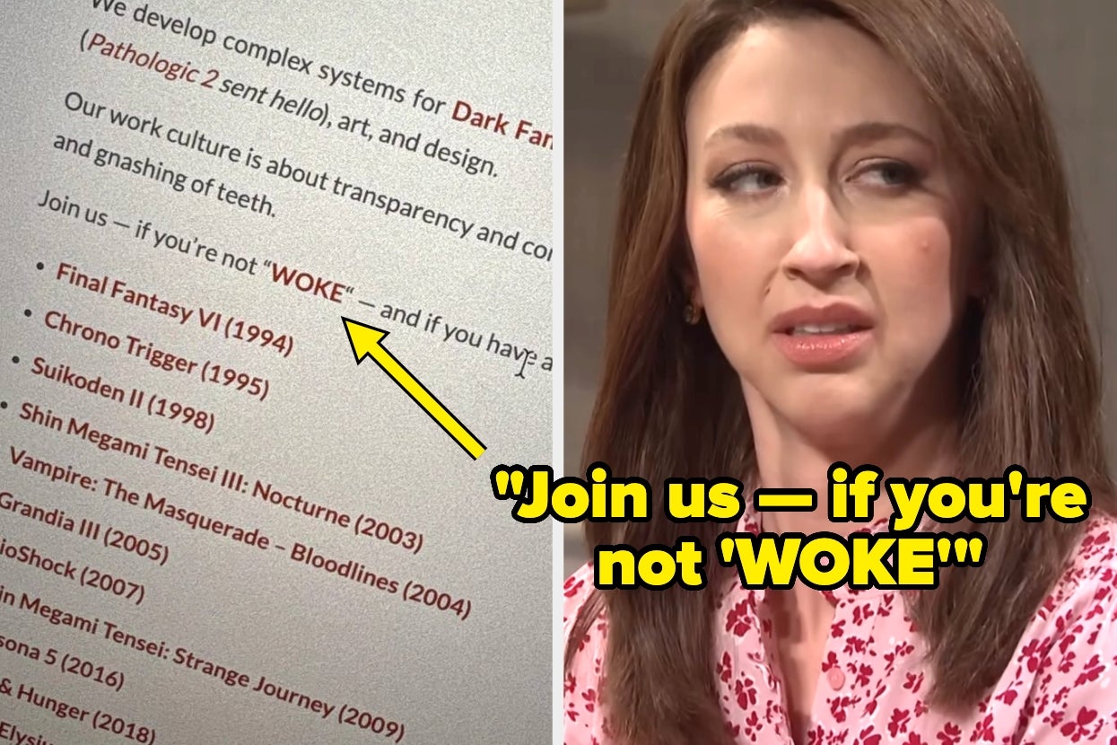 Screenshot of a woman reacting with disbelief to text implying a preference for non-"woke" individuals in a gaming company context