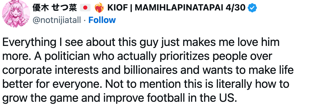 En tweet som berømmer en politiker for å prioritere folk fremfor bedriftens interesser og diskutere måter å forbedre fotballen i USA