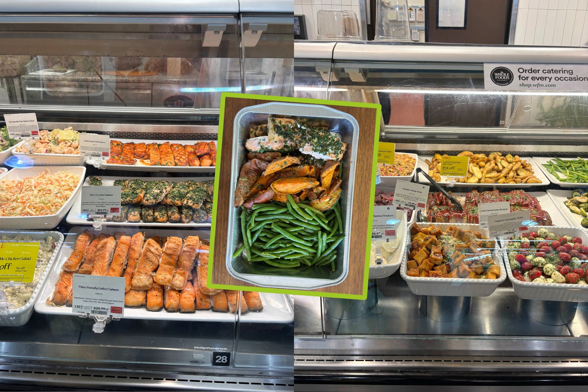 Grocery store deli counter with various prepared foods, including salmon, green beans, pasta salad, and roasted vegetables, alongside a catering sign