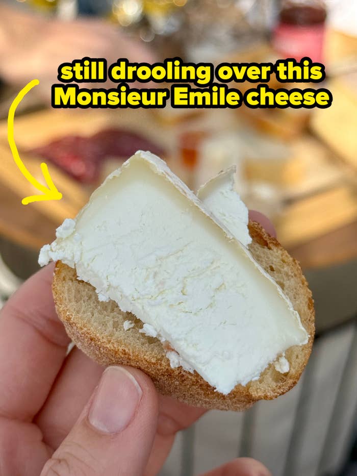 A manus  holds a portion    of breadstuff  topped with creamy cheese, outdoor seating and nutrient  successful  the background