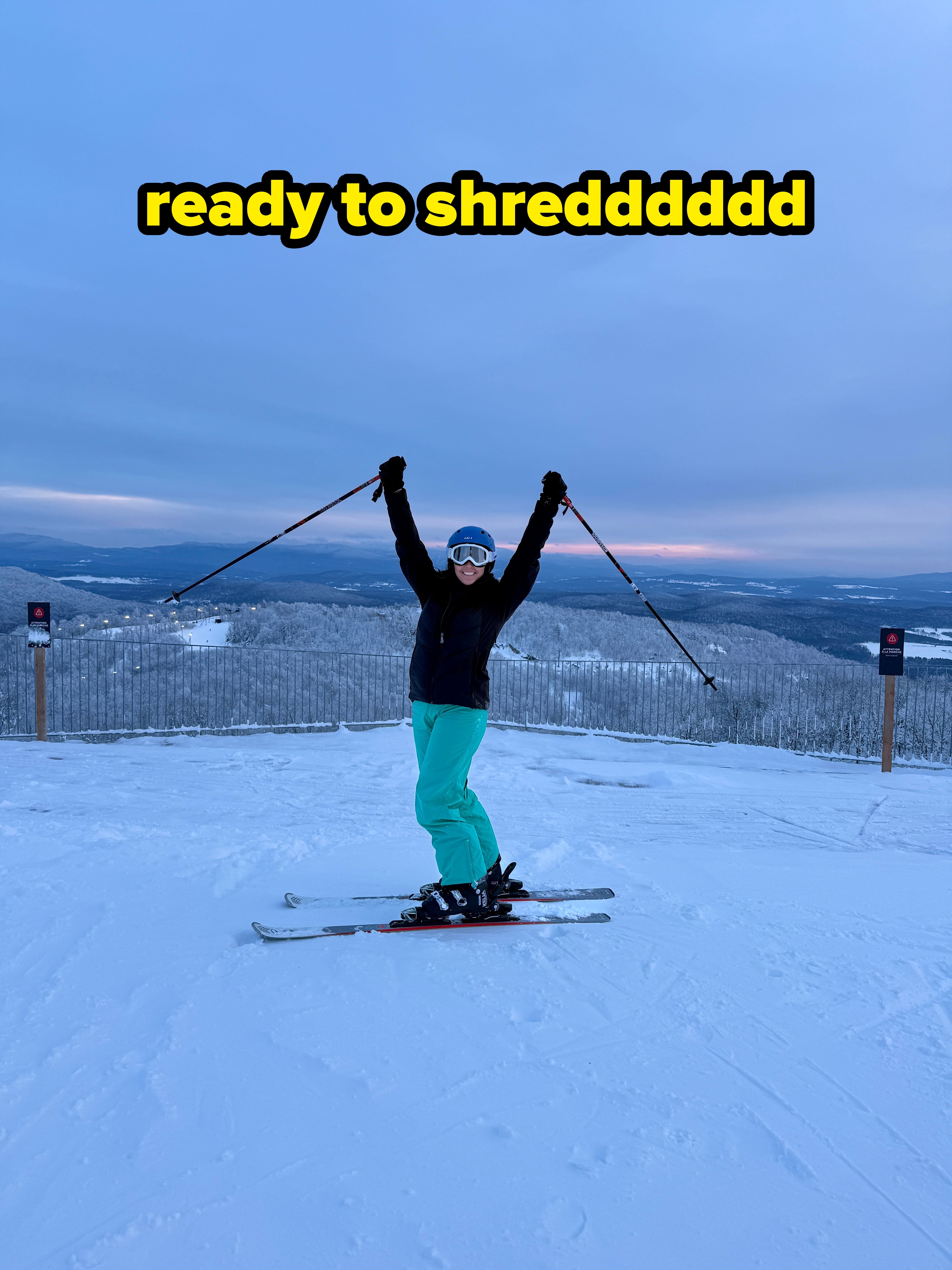 Person successful skis cogwheel joyfully poses with raised poles connected a snowy mountain, overlooking a immense wintertime landscape