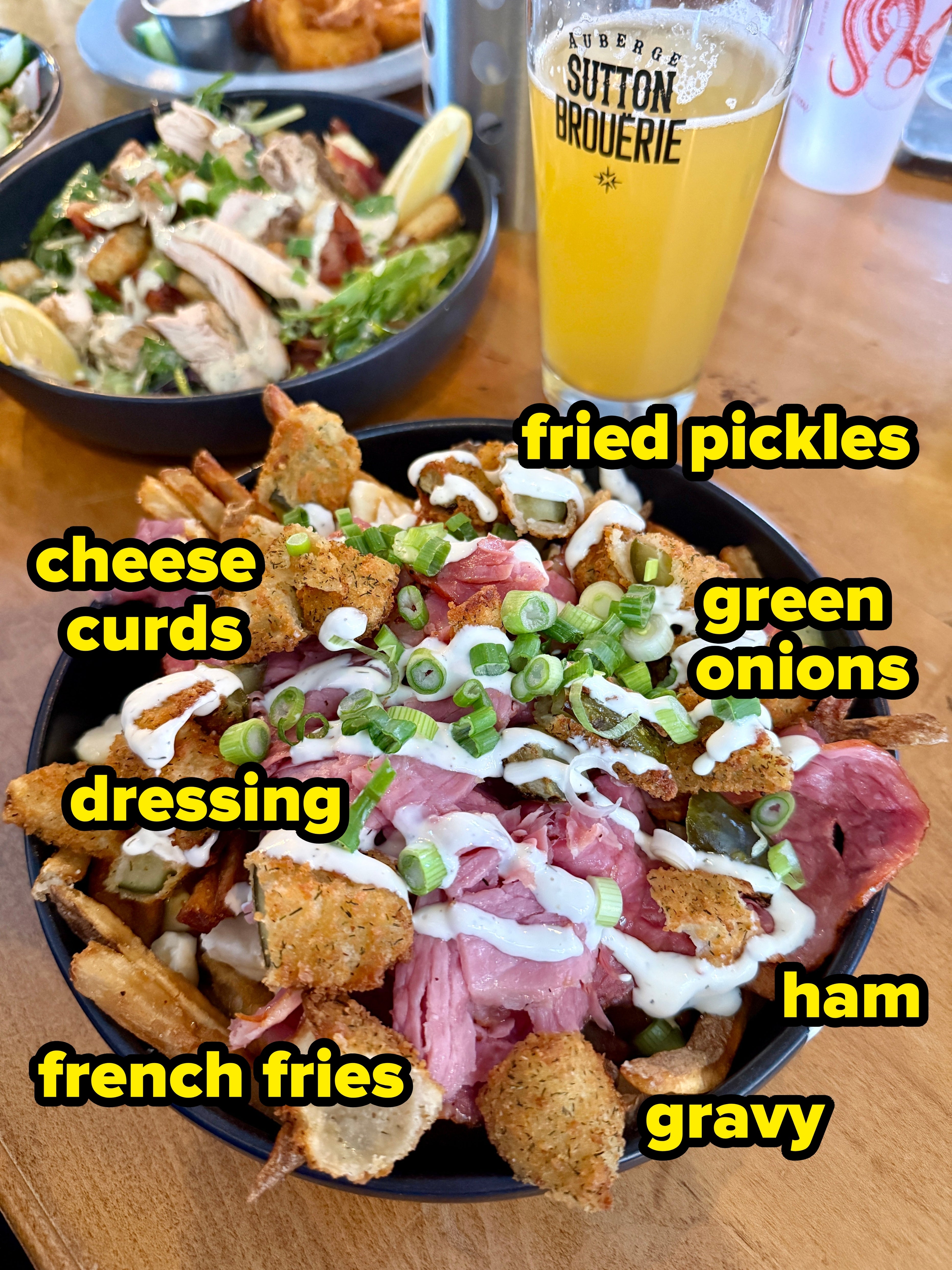 Bowl of loaded fries with meat, scallions, and creamy condiment connected a table, a solid of brew successful the background