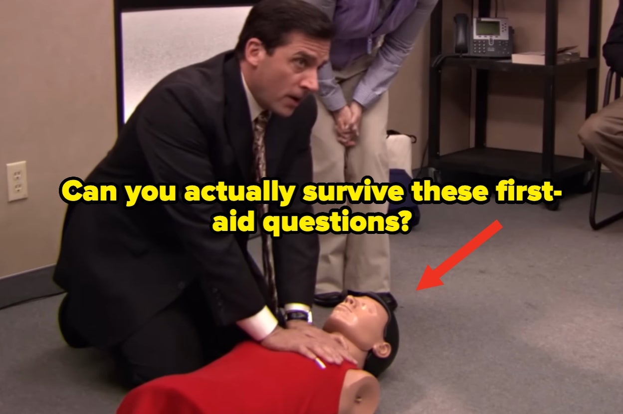 A person in a suit demonstrates CPR on a dummy. Text reads: "Can you actually survive these first-aid questions?"