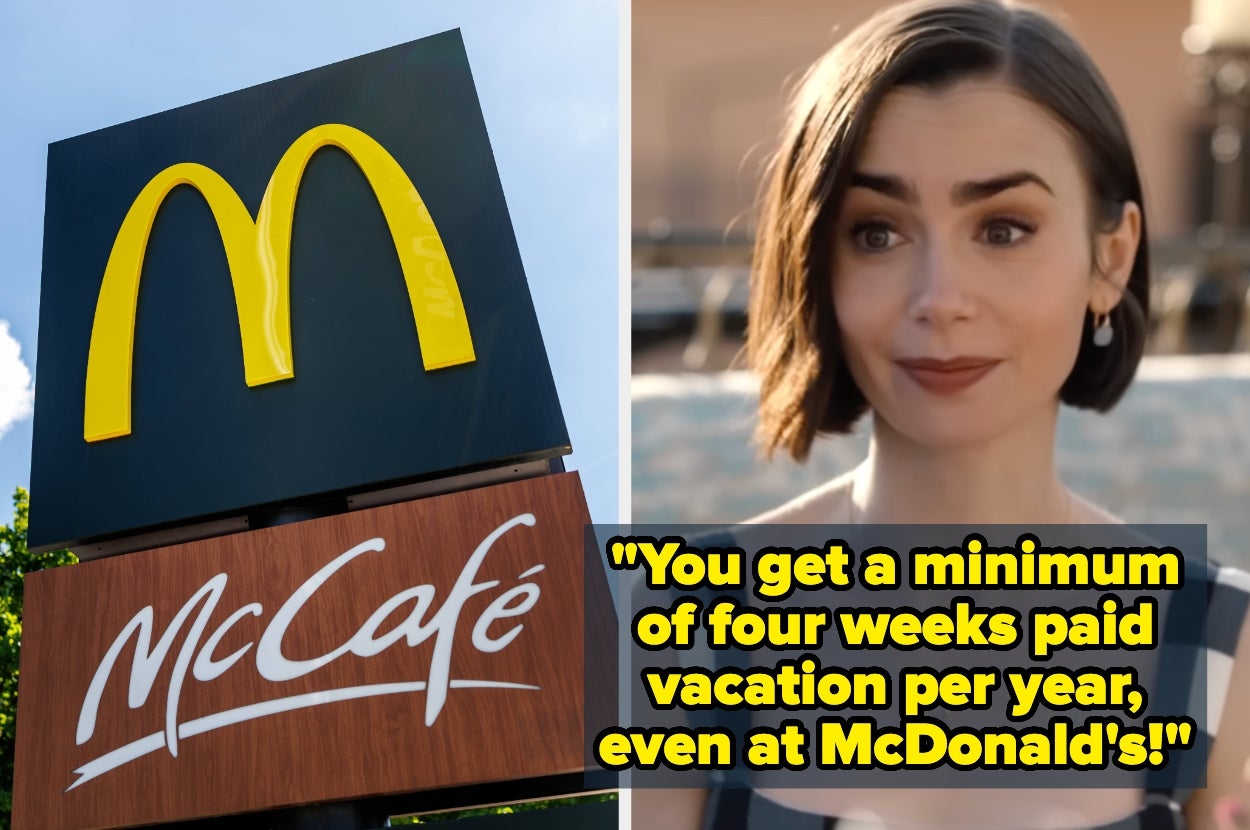 Split image: McDonald's McCafé sign on left. Woman on right with text: "You get a minimum of four weeks paid vacation per year, even at McDonald’s!"