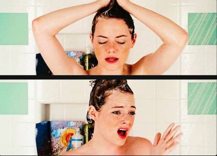 Person washing hair in shower, displaying two expressions: relaxed with closed eyes, then surprised with wide eyes and open mouth