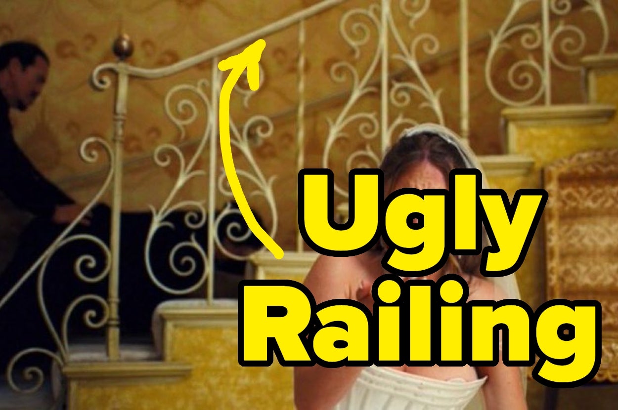 A person in formal attire poses humorously in front of an ornate staircase, with large text saying "Ugly Railing."